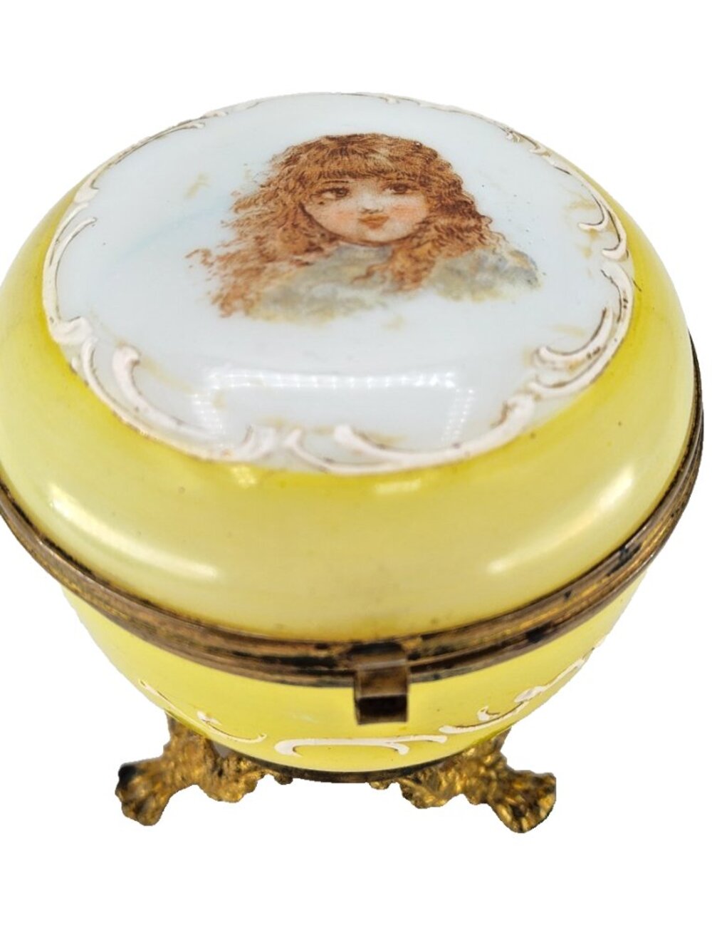 Vintage Bohemian Czech Yellow Glass Trinket Box metal Feet Vanity Box